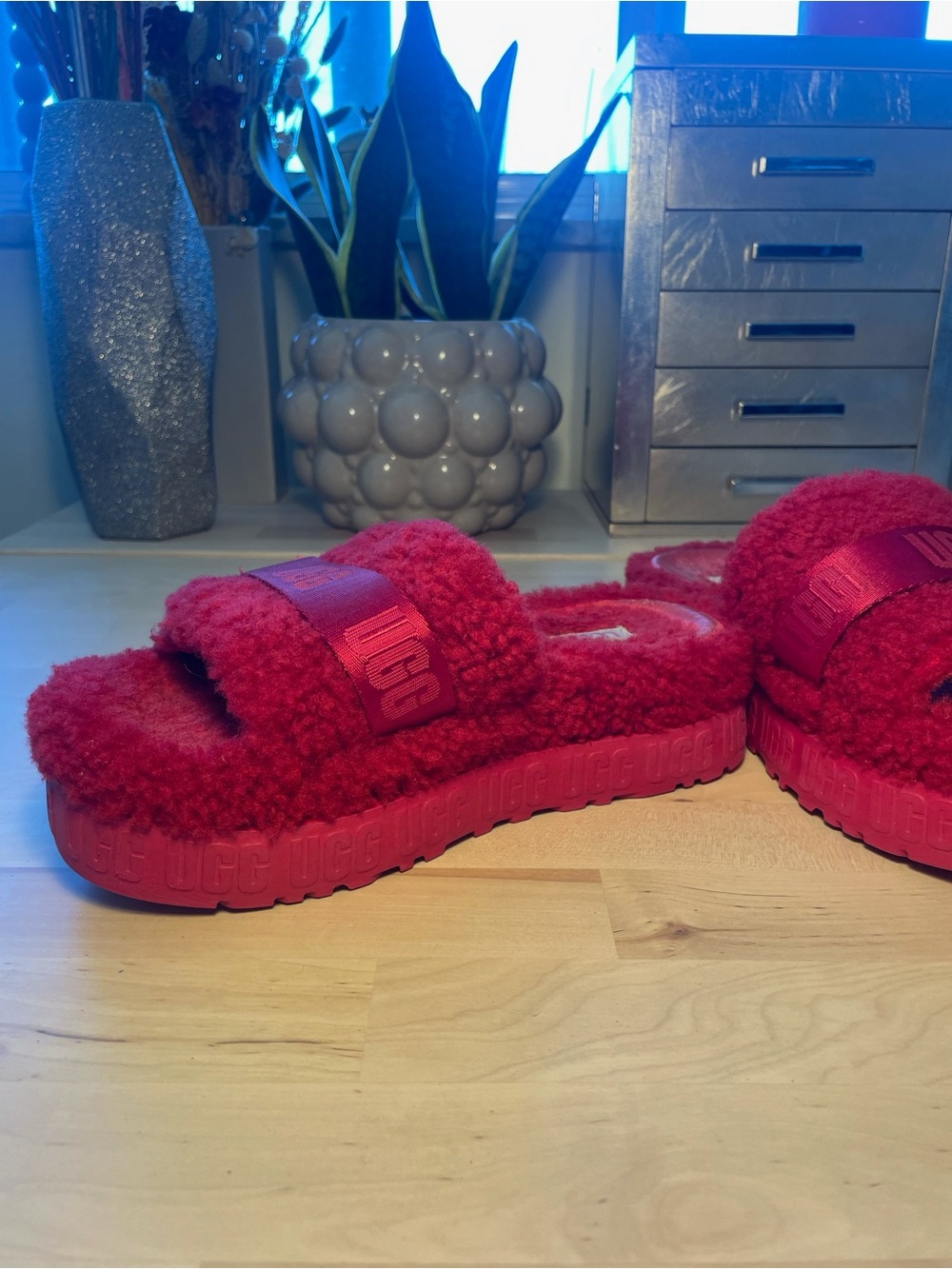UGG Women's Fluffita slide platform sandals in red